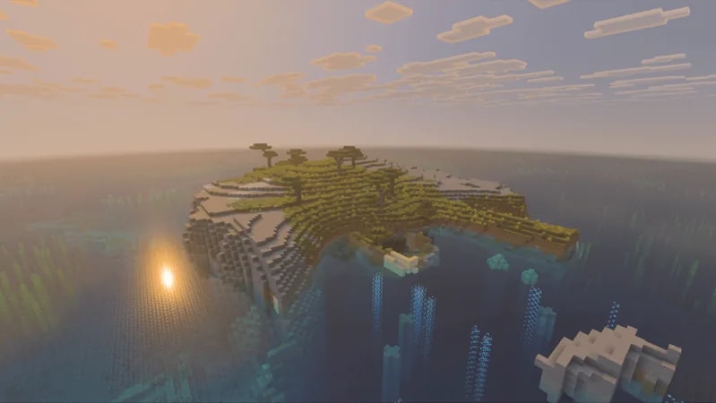 3#. Savanna Village Island illustrated for Best Minecraft Seeds for Bedrock 1.21.130: Top Picks