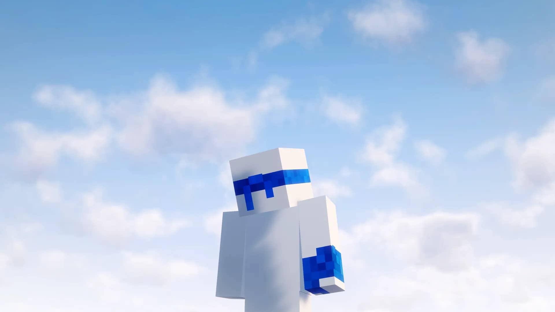 Halfway channel banner, a white Minecraft skin with a blue visor against a clouded sky