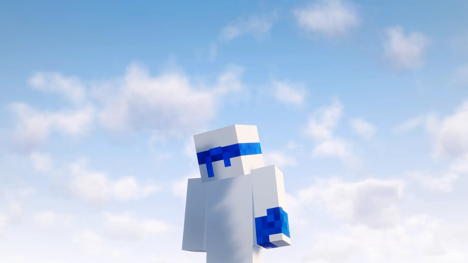 Halfway channel banner, a white Minecraft skin with a blue visor against a clouded sky