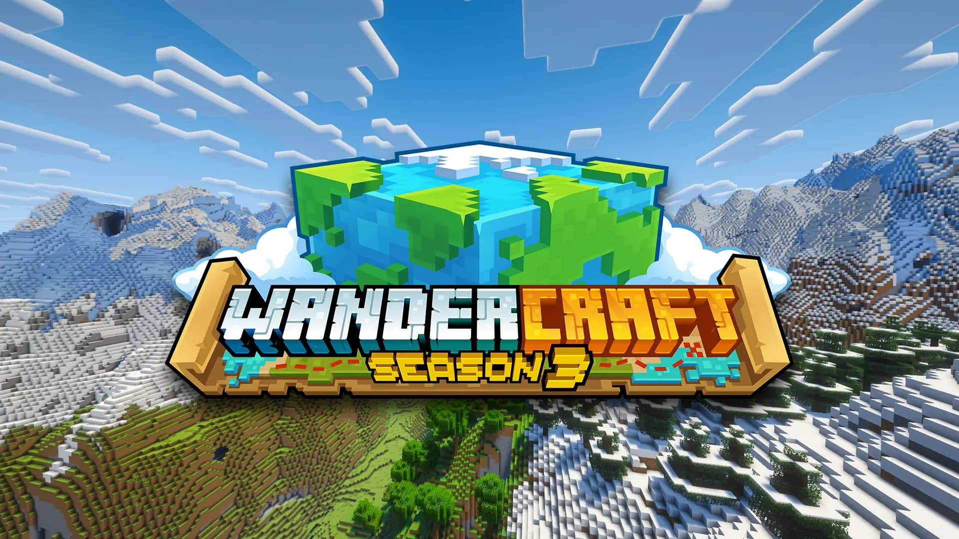 WanderCraft Season 3 logo over a snowy Minecraft mountain range